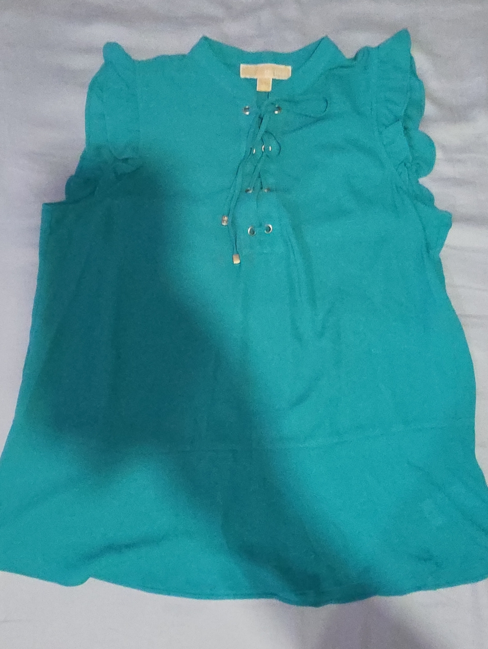 Michael Kors Teal Lace-Up Ruffle Sleeve Tank